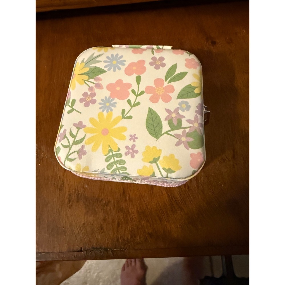 Floral Travel Jewelry Box Organizer Case Pastel Flower Print Zip Closure